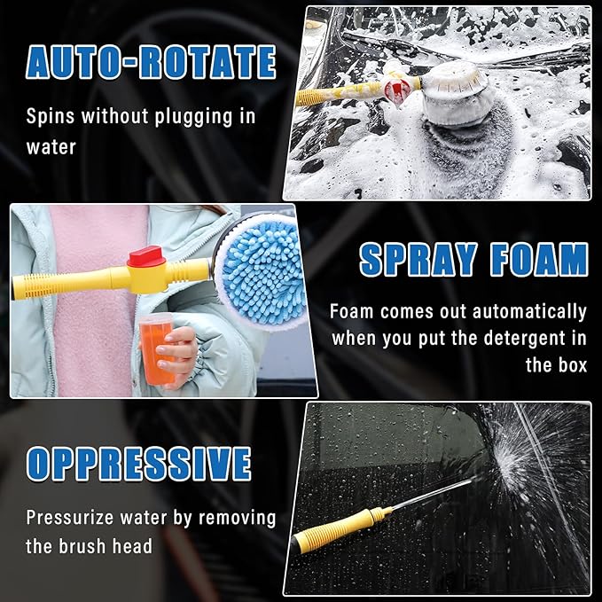 Ziciner Rotating Car Wash Brush, Automatically Foams Auto Wash Brush with Long Handle, High Pressure Washer Gun and Hose Nozzle Car Wash Kit for Cars, Yards, Gardens, Pets