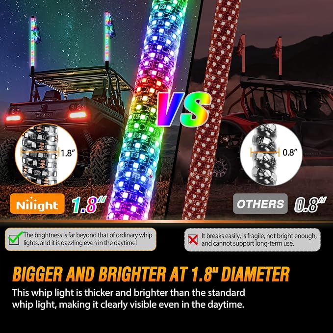 Nilight LED Fat Whip Light 2PCS 3FT RGB Lighted Antenna Whips with Remote & App Control DIY Chasing Patterns Brake Reverse Turn Lights for ATV UTV Polaris RZR Can-am Dune Buggy Pickup Trucks Jeep