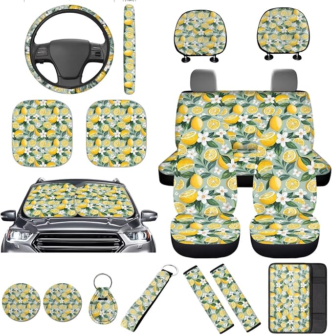 Lemon Car Seat Cover with Steering Wheel Cover,Car Sun Shade,Center Cushion,Seat Belt Covers Cup Holder with Keychain,Fruit Automotive Set Universal Fit Most Cars SUV Trucks,Green,16 Pack