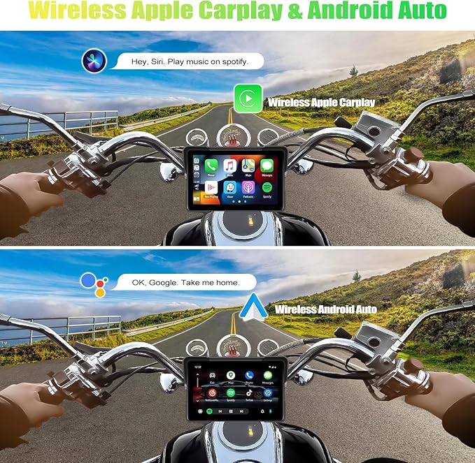 CAMECHO Motorcycle CarPlay Screen, 7" Waterproof Portable Wireless Apple Carplay Android Auto for Motorbike, Touchscreen Car Stereo Support Dual Bluetooth, Mirror Link, EQ, Voice Control