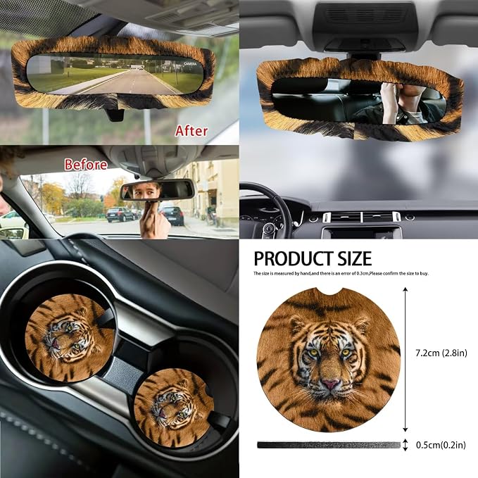 Tiger Print Car Seat Covers Front and Back Full Set with Steering Wheel Cover Armrest Cushion Safety Belt Pads Inside Rearview Mirror Cover Gear Shift Lever + Handbrake Protectors