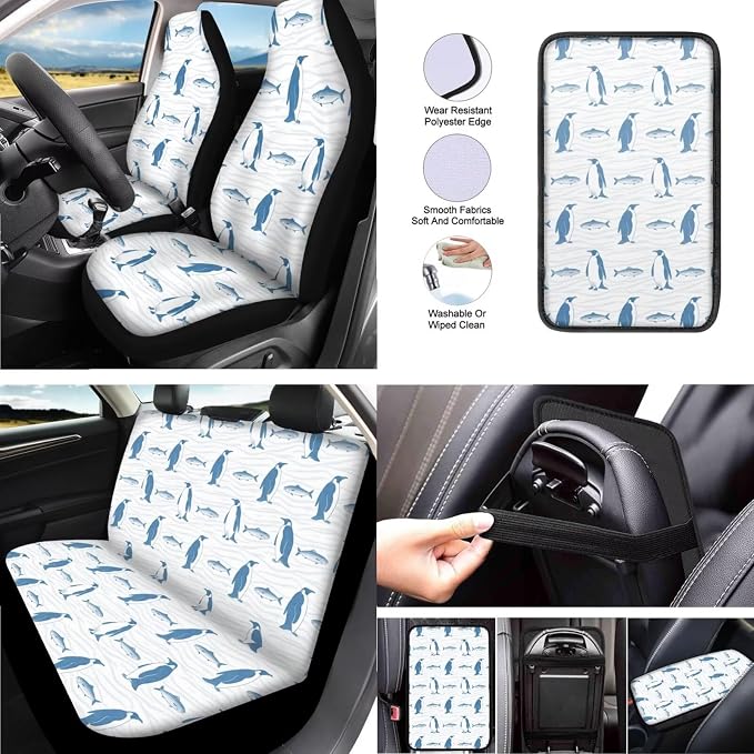 13 Pcs Car Seat Covers Full Set for Women, Mediterranean Style Penguin Vehicle Headrest Cover Keychain, Penguin Fish Automotive Interior Covers for Sedans, Trucks Blue