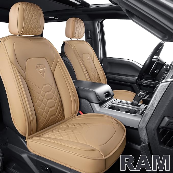 GXT Dodge RAM Front Seats Cover Fit for Select 2013-2021 Dodge RAM 1500 2500 3500 Pickup Truck, Waterproof Synthetic Leather Car Seat Cover and Cushion (Beige)