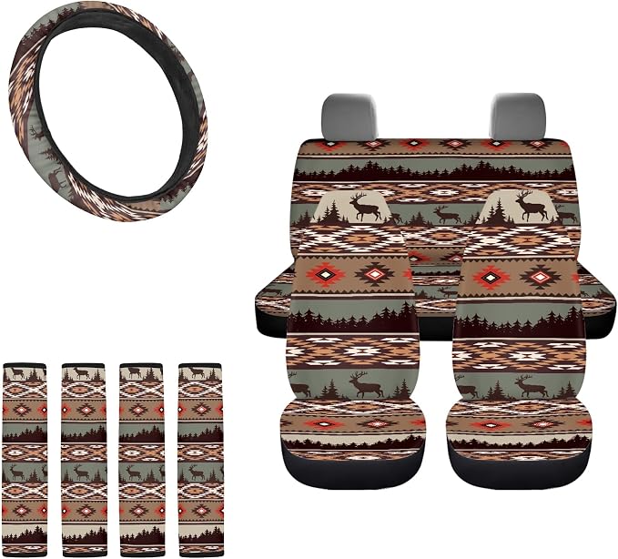 Navajo Aztec Deer Car Seat Covers Full Set with Steering Wheel Cover Shoulder Pads for Women Men, Stretchy Seat Covers for Cars, Car Accessories Universal Fit for Most Cars Truck, Brown