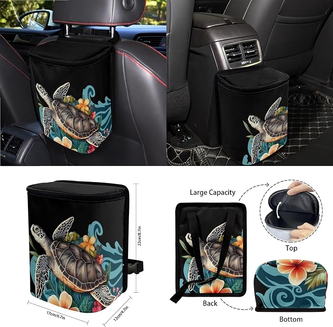 Turtle Frangipani Wave Print 15 Pack Car Accessories Set with Car Seat Covers Seatbelt Strap Pad Air Vent Storage Bag Steering Wheel Cover Rearview Mirror Cover Cup Holder Keychain
