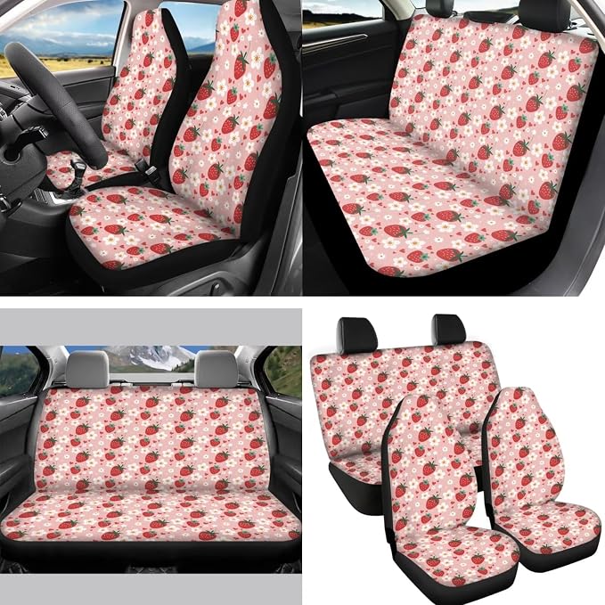 Strawberry Car Accessory for Women,Pink Strawberry Car Seat Cover with Daisy Flower,Universal Fit Cute Steering Wheel/Seatbelt/Keychain/Gear Shift Knob Handbreak Cover/Mirror Cover Set of 14