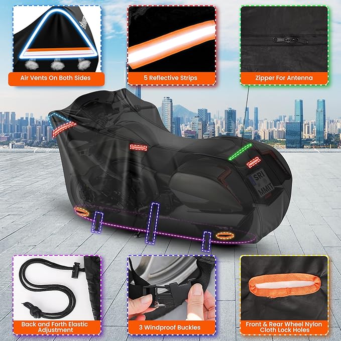 Motorcycle Cover with Side + Top Box, 420D Heavy Duty Nano-Coated, Touring Bike Cover, 5 Reflective Strips,Air Vents,3 Windproof Buckles,Antenna Zipper