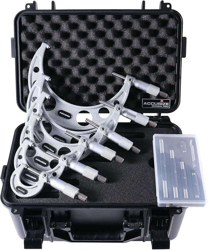 Accusize Industrial Tools 0-6 inch by 0.0001'' Ultra-Precision Outside Micrometers with Carbide Tips 6 Pc Set, Eg00-0906 | 0-6 in x 0.0001" Ultra-Precision M-Type, Carbide Tipped, with Standards