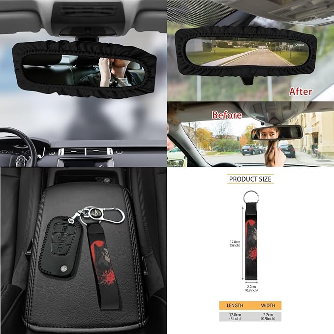 Moon Wolf Floral Print Car Accessories Full Set of 15 Car Seat Covers Steering Wheel Covers Seat Belt Strap Cover Trash Bag Air Vent Storage Holder Rear View Mirror Cover Keychain Coasters