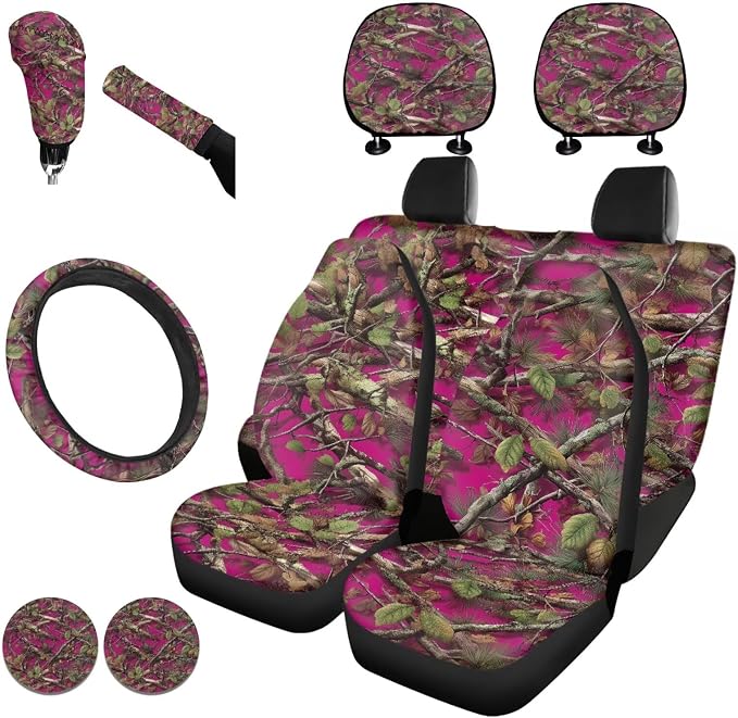 KEIAHUAN Car Seat Covers for Women Pink Hunting Camo Design with Handbrake & Gear Shift Cover,Headrest Covers,Steering Wheel Cover,Cup Coasters Fits Most SUV,Sedan,Truck