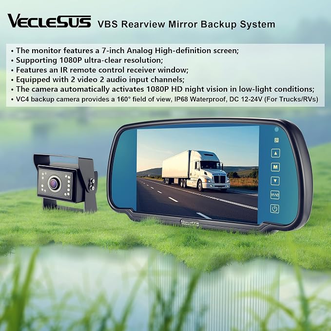 Backup camere System for Truck, VECLESUS VBS 1080P 7-Inch Mirror Monitor Backup Camera System, HD IR Night Vision, Waterproof Rearview Camera,2 Video 2 Audio Inputs, for Trucks,RVs,Vans,SUVs and Cars