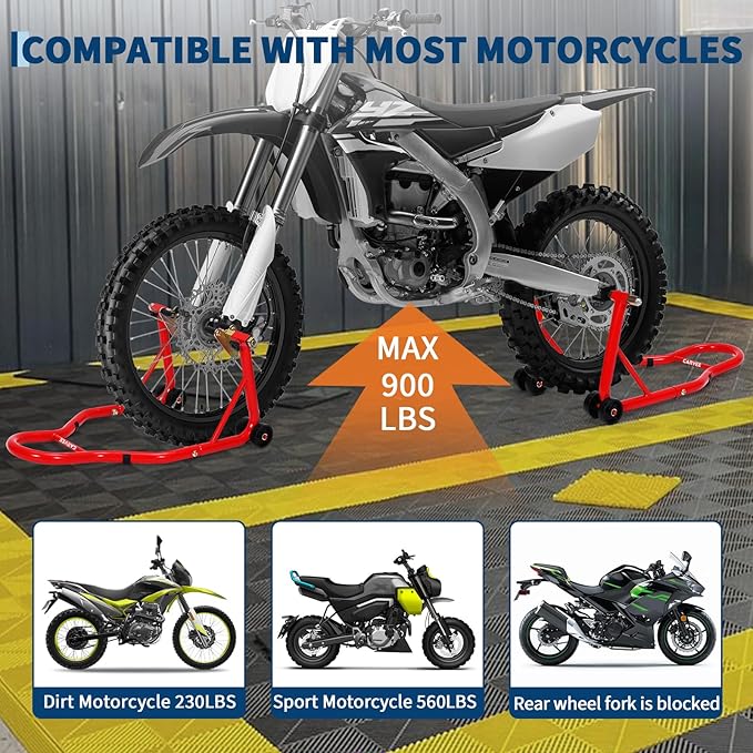 Garvee Motorcycle Stands Front and Rear, 900 LB Heavy Duty Front & Rear Wheel Lift Combo with Prong Adapters+L Adjustable Swingarm Spool, Universal Paddock Stands for Most Motorcycles, Red