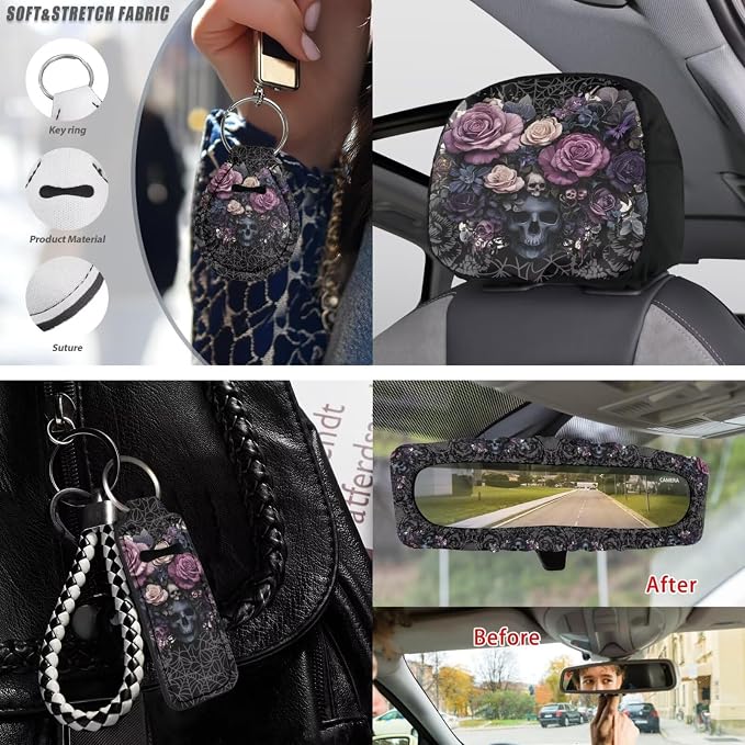 Skull Rose Printed Car Seat Covers Full Set Universal Car Interior Accessories Set Included Steering Wheel Cover Seat Belt Pad Armrest Protector Coaster for Auto, Black