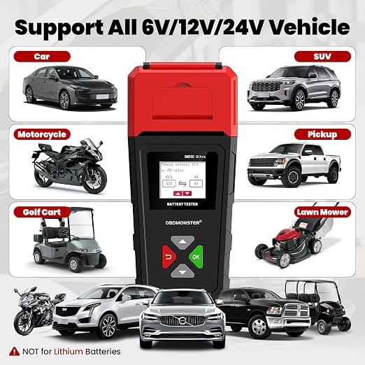Car Battery Tester OBDMONSTER BM550U 6V/12V/24V 100-2000CCA Lead-Acid Battery Load Tester 1.8" HD Screen Automotive Digital Battery Voltage Tester with Built-in Printer