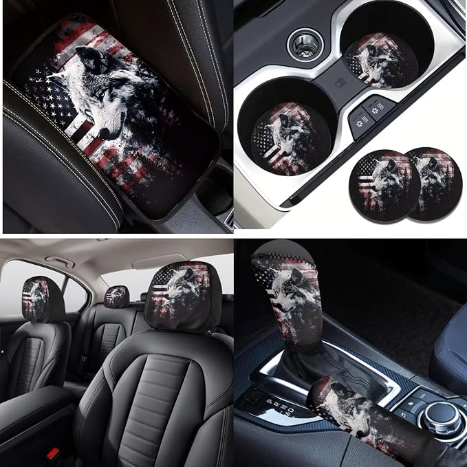 Lotusorchid Wolf Forest Print Car Accessories Full Set American Flag Print Car Front Back Seat Covers Safety Belt Pads Headrest Cover Armrest Pad Gear Shift Knob Protector Cup Holder Coaster
