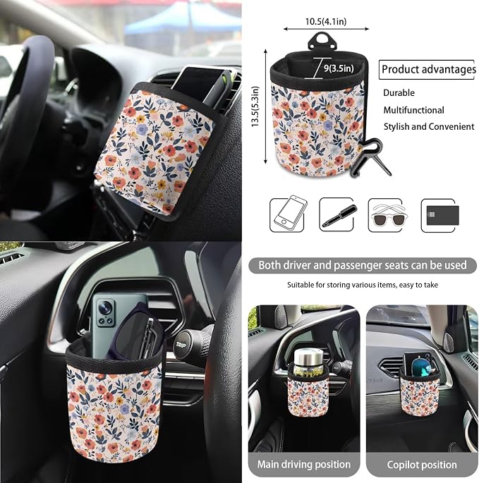 Flower Print Car Seat Cover Sets for Women Full Set, Universal Front and Rear Split Bench Seat Cover with Steering Wheel Cover Safety Belt Pads Garbage Bag Car Air Vent Organizer