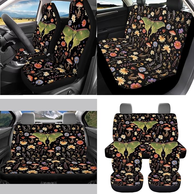 Moth Floral Car Seat Covers Full Set 15 Pcs Universal Car Accessories Steering Wheel Cover Seat Belt Pads Garbage Bag Car Headrest Pillow Covers Armrest Pad