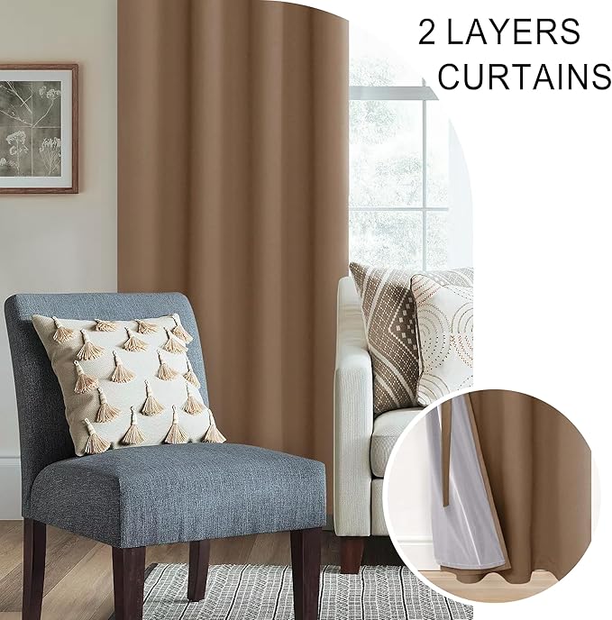 XWZO Full Shading Blackout Curtains with Tiebacks- Heat and Light Blocking Ring Top Window Drapes with Black Liner Backing for Bedroom/Kid's Room, Cappuccino, W52 x L95, Set of 2 Panels