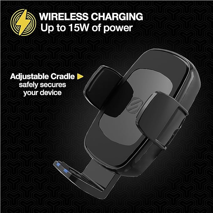 Scosche UQ3WDV-SP Windshield/Dashboard/Vent Qi-Certified 15W Wireless Charging Universal Cell Phone Car Mount, Adjustable Hands-Free Cell Phone Holder with Stick Grip, Black