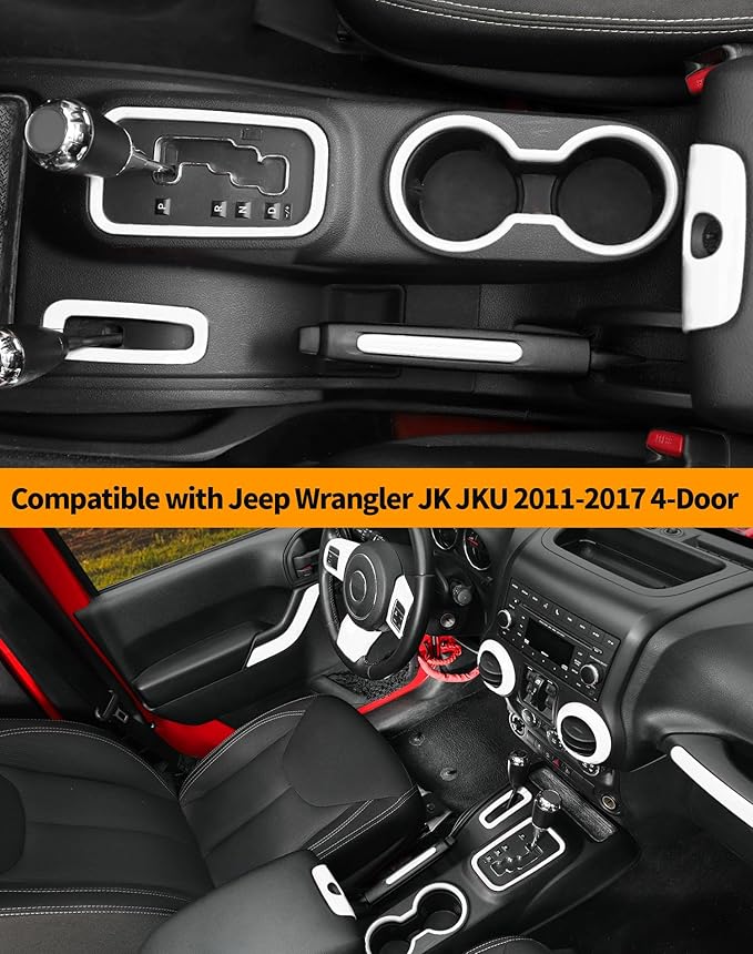 Hoolcar Steering Wheel Cover Gear Shift Panel Trim Cover Water Cup Holder Cover Kit Interior Accessories Kit Fit for Jeep Wrangler JK JKU 2011-2018, 4-Door, White