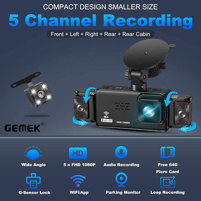 5 Channel Dash Cam 360° View 5G WiFi & APP Control, GEMEK 2K Front and Rear Inside, Left Right Dash Camera for Cars Free 64GB TF Card, G-Sensor, Night Vision, 24H Parking Mode