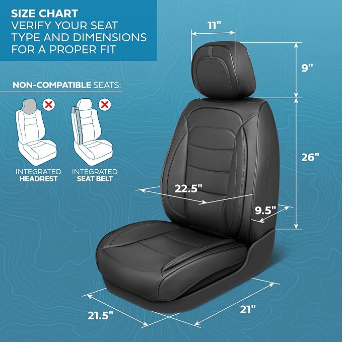 MotorBox Elite Edition Faux Leather Seat Covers for Cars, Trucks, & SUV - 2 Black Car Seat Covers for Front Seats - Universal Fit Car Accessories Automotive Interior Cover Protector for Most Vehicles