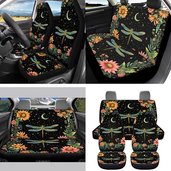15 Pcs Moon Floral Dragonfly Car Seat Cover Full Set for Women with Car Steering Wheel Cover Seat Belt Cover Trash Bin Front Rear View Mirror Car Cup Holder Keychain