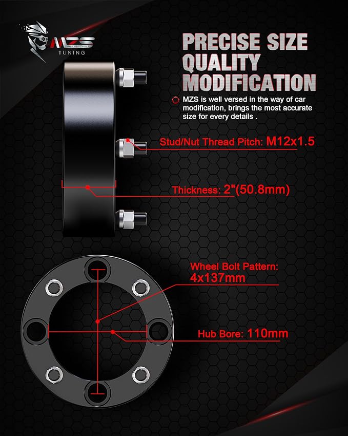 MZS 4x137 Wheel Spacers, 2" Thick Hub Bore 110mm with M12×1.5 Studs Compatible with 2017-2025 Maverick X3 / 2016-2025 Pioneer 1000/2019-2024 Talon 1000R/1000X - ATV 4 Lug Tire Spacers 4 Pack