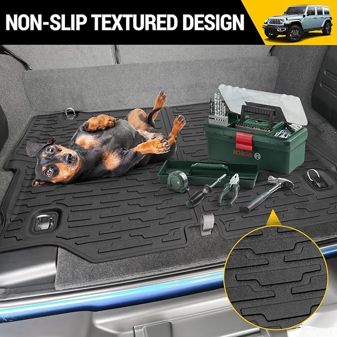 Cargo Mat & Trunk Net for 2021-2024 Jeep Wrangler JL 4XE Trunk Liners with Cargo Net All Weather Protection Anti-Slip Rear Mesh Cargo Netting for 21-24 Wrangler JL 4XE 4 Door Accessories