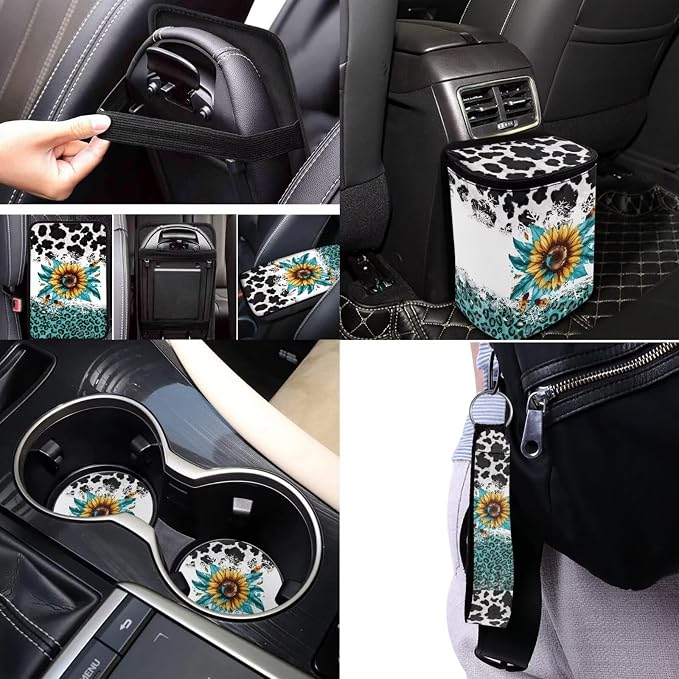 Cute Cow Print Car Seat Covers Full Set of 17 Pcs Sunflower Car Accessories for Women with Auto Headrest Covers Auto Steering Wheel Cover Keychains,Universal Automotive Interior Set Decor
