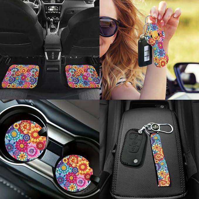 17 Pcs Hippie Lotus Car Cover Seats Full Set Mandala Lotus Car Accessories with Car Front Rear Carpets Mats Steering Wherl Cover Seat Belt Cover Pad Set Car Coasters Armrest Pad,Universal Fit