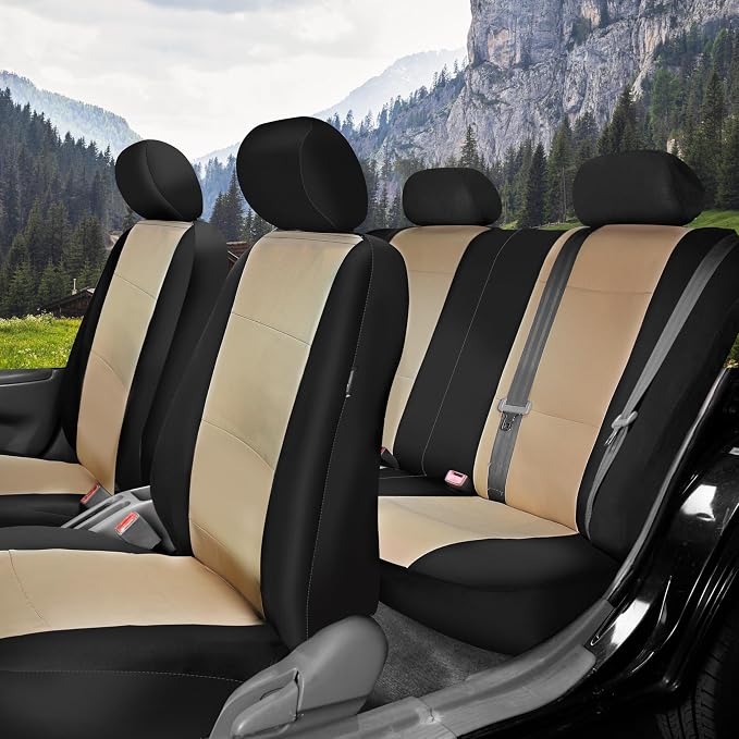 FH Group Waterproof Neoprene Car Seat Covers Full Set – Universal Fit Front & Split Bench Rear Seat Covers, Airbag Compatible Automotive Seat Protectors for Cars, SUVs,Vans, Beige