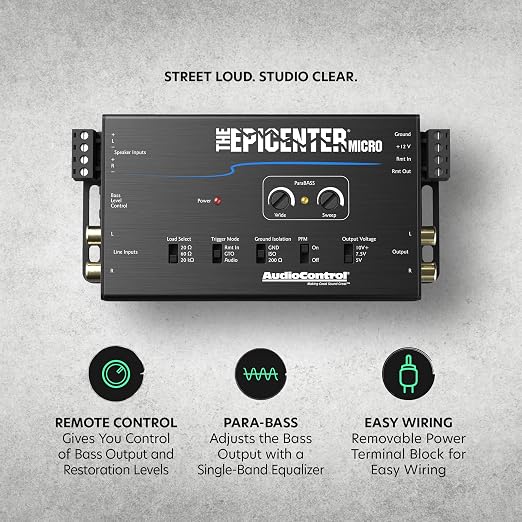 AudioControl The EPICENTER Micro Bass Restoration Processor & Line Output Converter, Compact Car Audio Bass Booster Enhancer, Line Level & Speaker Level Inputs, Includes Dash Mount Remote Control Knob