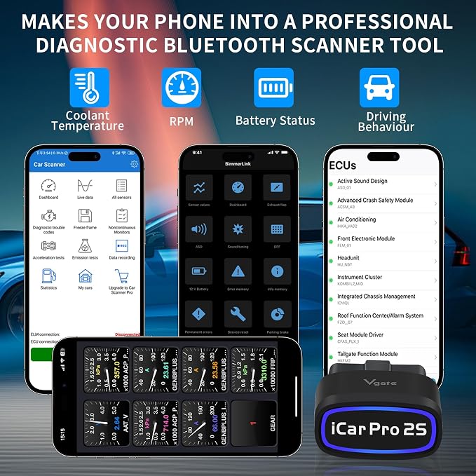 iCar Pro 2S OBD2 Bluetooth Adapter Check Engine Vehicle Code Reader Diagnostic Scanner Tools for iOS&Android and Windows Made for Electric (EV) and Hybrid Vehicles