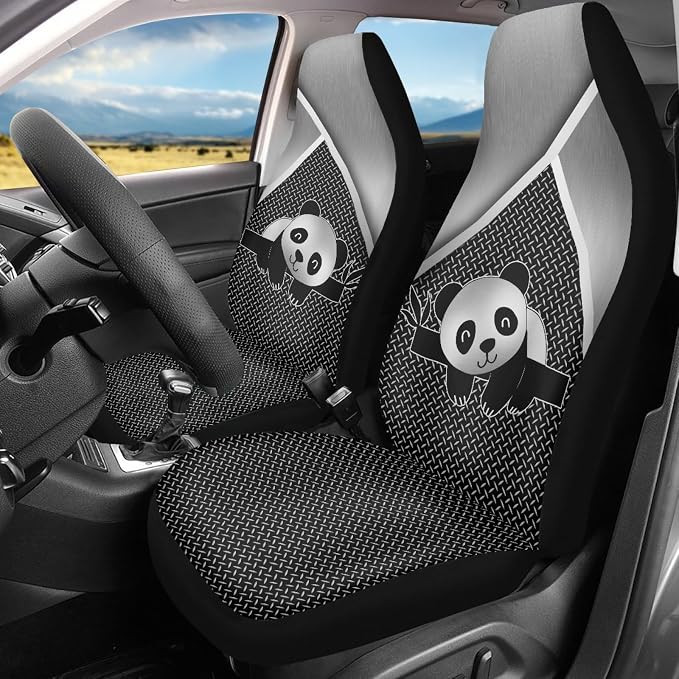Howilath Sliver Panda Pattern 10pcs Car Front Seat Covers/Steering Wheel Cover/Seatbelt Pads/Keychain/Armrest Cushion/Coasters Vehicle Seat Protector Accessories