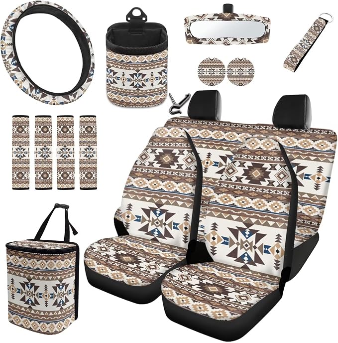 Dreaweet Aztec Car Seat Covers Full Set Native American Tribal Geometric Pattern Seat Covers with Steering Wheel Covers Seat Belt Pads Coaster Trash Can Air Vent Holder Rear View Mirror Cover Keychain