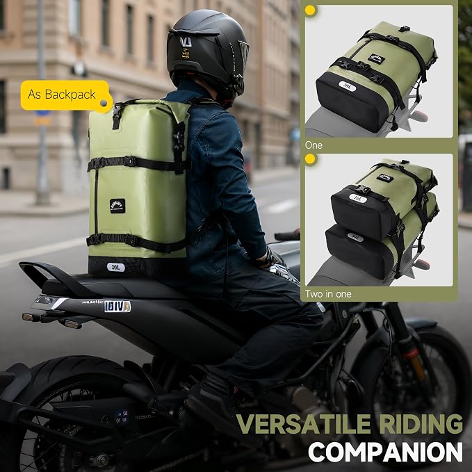 Motorcycle Saddle Bag, 30L Waterproof Motorcycle Tail Bag | 2 Size and 3 Color Options Travel Bag, PVC Bag, Rear Seat Bag, Field Green GT-30GN
