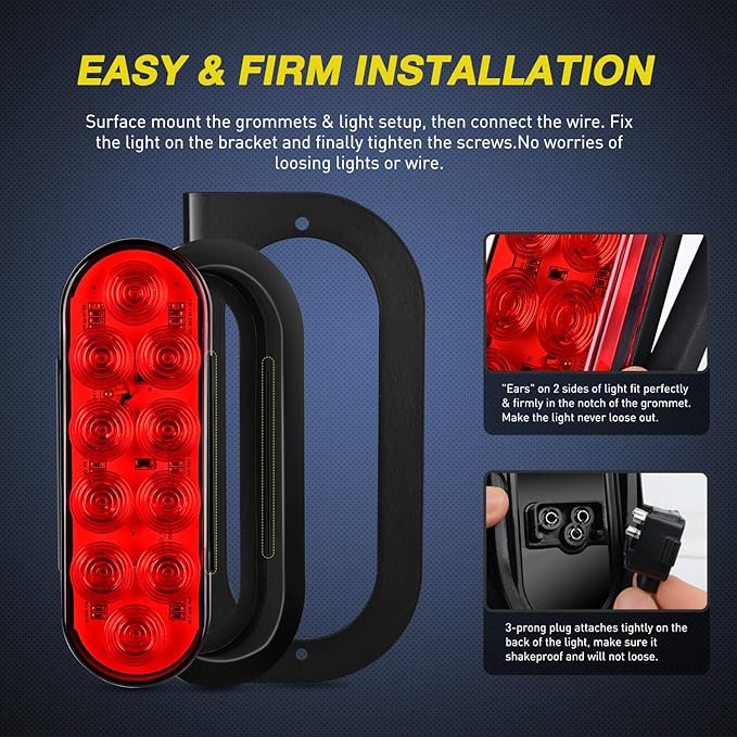 Nilight 6Inch Oval Trailer Tail Light with Flush Mount Grommets Plugs w/Mounting Brackets 2PCS Red Waterproof Stop Brake Turn Lights for RV Truck