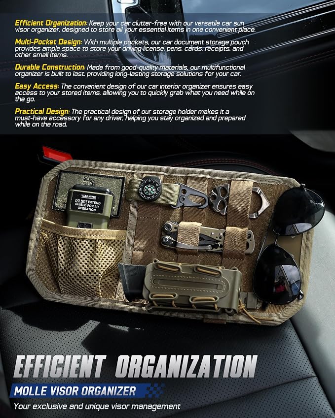WYNEX Molle Car Sun Visor Organizer, Car Accessories with Zip Storage Pouch & Glasses Holder, Semi-Rigid Molle Panel with Patch for Tactical Gears, Fits Most Cars, Trucks, Pickups, Patrols