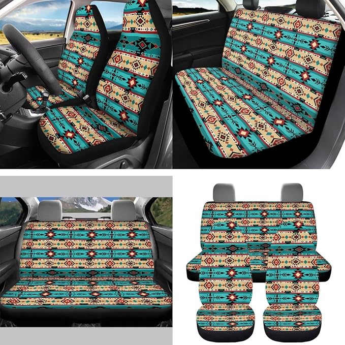 Western Aztec Car Seat Covers Set of 15 with Universal Steering Wheel Cover, Rearview Mirror Cover, Car Trash Can, Seatbelt Pads, Cup Holder Coasters, Keychains