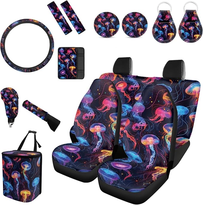 Forchrinse Colorful Octopus Car Seat Covers for Women 15Pcs Auto Interior Set with Steering Wheel Cover,Armrest Seatbelt Pads,Car Garbage Can,Coaster,Handbrake Gearshift Cover,Universal