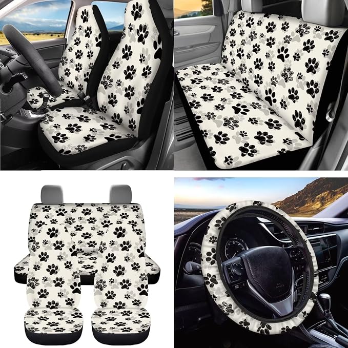 Dreaweet Dog Paw Car Seat Covers Full Set for Women Dog Lover Cute Car Accessories Seat Covers Front and Back Steering Wheel Cover Seat Belt Pads Coasters Trash Bag Vent Storage Pouch Keychain,15 Pcs