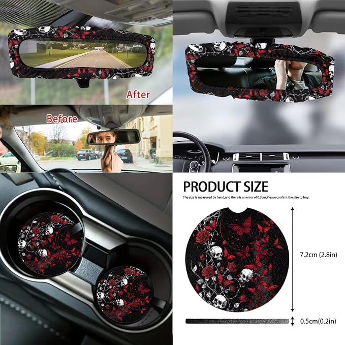 Car Accessories Seat Covers Full Set of 14 Skull Rose Butterfly Print Car Front and Rear Seat Covers with Steering Wheel Cover Center Console Pad Safety Belt Pads Cup Coasters