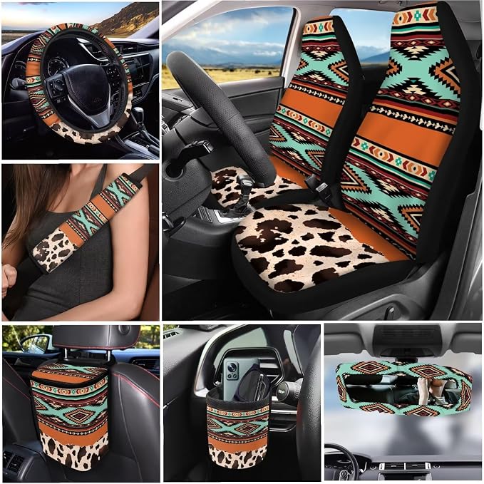 XYZCANDO Tribal Auto Interior Sets 15 PCS Car Seat Cover Set Steering Wheel Cover Seat Car Rear View Mirror Cover Belt Pads Cover Garbage Bag Storage Box Coasters Keychain for Sedans Van SUV
