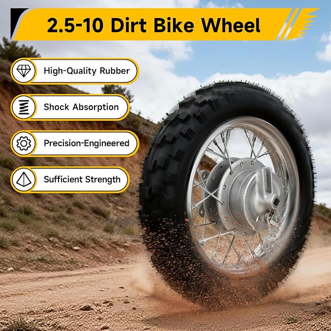 2.5-10 Dirt Bike Rear Wheel Compatible with CRF50 SSR70 TTR50 XR50, 2.5 x 10 Tire & Rim for Apollo Taotao 50cc 70cc 90cc 110cc Pit Bike Motorcycle Parts with Drum Brake Pad Shoe Assembly Silver