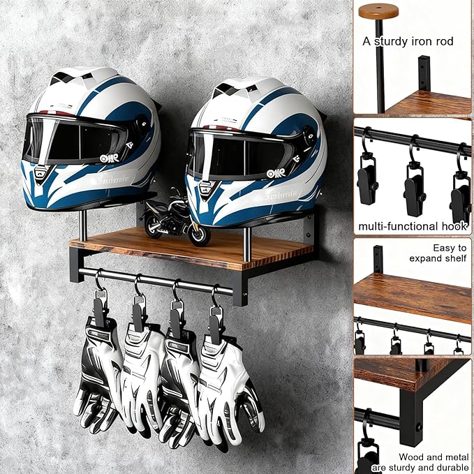 Motorcycle Helmet Holder Wall Mount, Helmet Rack with 2 Hat Stands and Glove Chips, Space-Saving Motorcycle Accessories Display for Garage, Bedroom, or Entryway