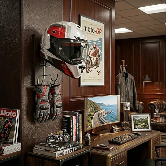 Helmet Holder Wall Mount, Motorcycle Helmet Rack, Motorcycle Helmet Stand, Helmet Hanger with Metal Hook, Easy Storage for Helmets, Caps, Sportswear, Hats, Coats & Motorcycle Gear (2 Pack)
