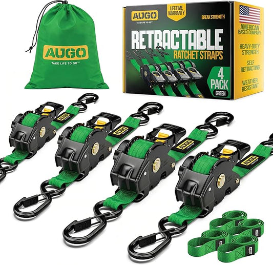 AUGO Retractable Ratchet Straps | 4 Heavy Duty Self Retractable Tie Down Straps with Soft Loops & Storage Bag for Motorcycle, Truck, Trailer, Cargo Van | 1200 Lb Break Strength 1' x 10'