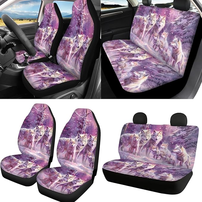 3D Wolf Car Seat Covers Full Set with Steering Wheel Cover, Shoulder Pads, Breathable Stretchy Bucket Seat Covers Auto Seat Cover Universal Fit for Most Cars, Purple