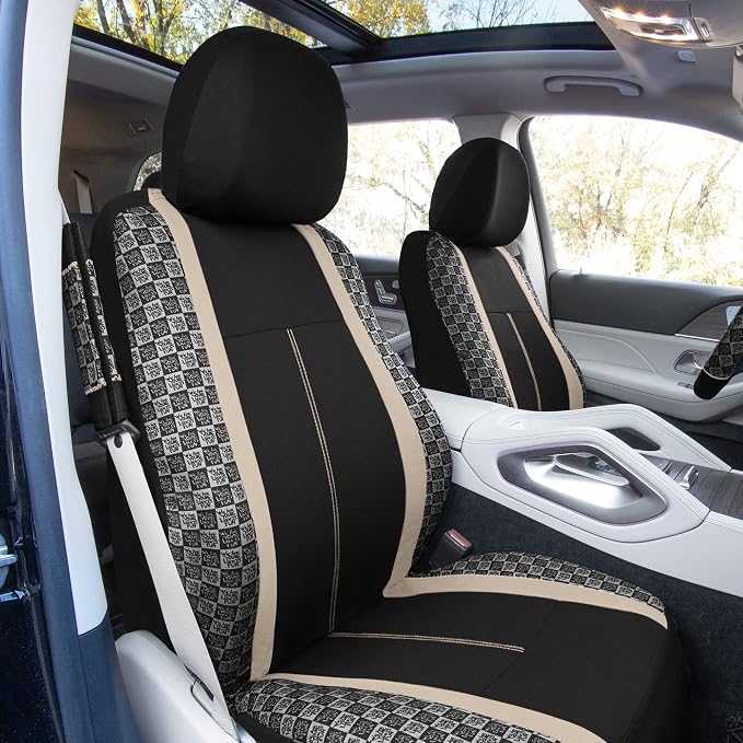 We Are Young Life is Fun™ Checker Car Seat Covers Universal Fit Interior Accessories Full Set Beige Seat Cover Combo Steering Wheel Cover and Seat Belt Pads, Airbag and Split Rear Car Seat Covers